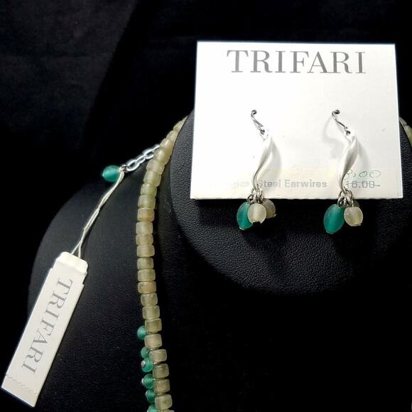 Trifari Fringe Teal Green Frosty Beaded Silver Necklace & Earrings Set, NWT - Picture 3 of 6